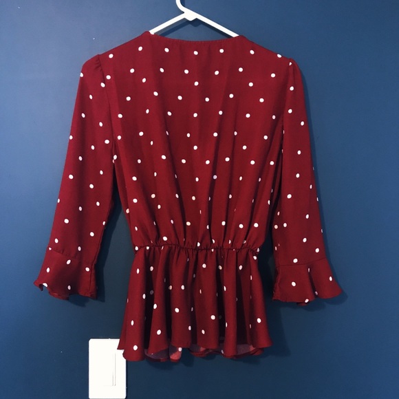 Crimson and white polka dot wrap style top - Picture 2 of 2